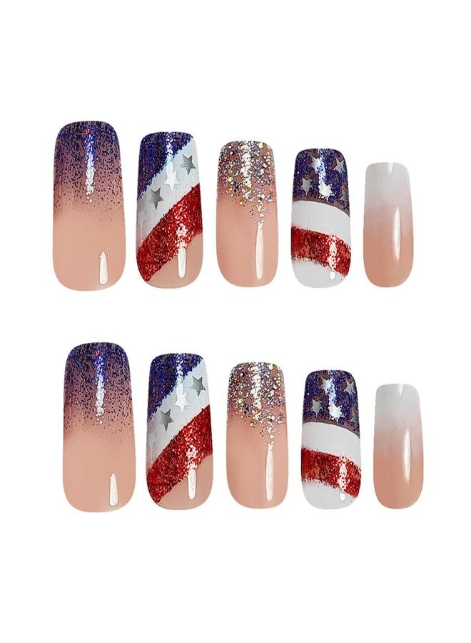OSTTMA 4th of July Press on Nails Short Square Fake Nails Blue Glitter Patriotic Nail Tips USA Flag White Gradient Glue on Nails Reusable Acrylic False Nails for Women Independence Day Manicure Art - Image 4